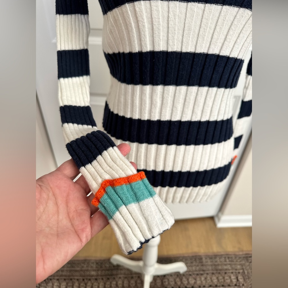 LOFT - Navy and White Striped Sweater With Sleeves details (medium)